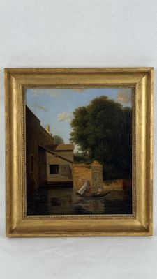 an oil painting of a man in a boat on a river