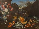 painting of a still life of fruit and flowers on a table