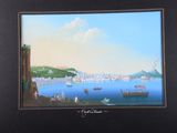painting of a view of a harbor with boats in the water