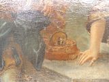 a painting of a woman with a basket and a dog