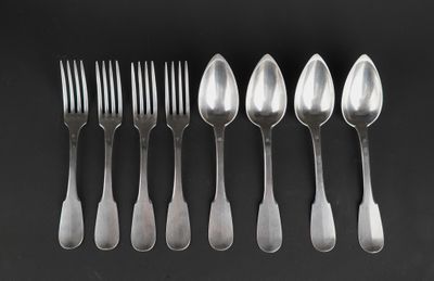 six spoons and six forks are lined up on a black surface
