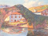 painting of a painting of a bridge over a river with buildings in the background