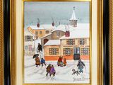 tableau représentant des enfants jouant dans la neige devant une maison