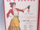 an old book with a picture of a woman holding a bottle of wine