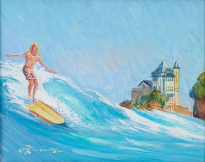tableau représentant un homme sur une planche de surf chevauchant une vague devant un château