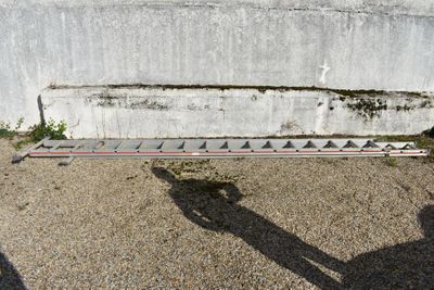 l'ombre d'une personne tenant un skateboard devant un mur en béton