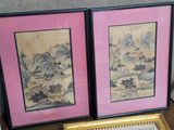 two framed pictures of mountains and trees on the wall