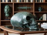 a skull sitting on a table in front of a bookshelf