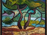 une peinture d'un arbre au milieu d'un champ
