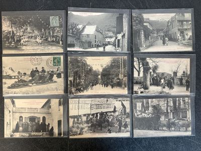 several old black and white photos of people and horses in a town