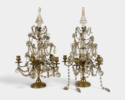 pair of antique brass and crystal candelabs