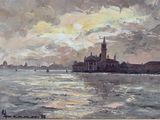 painting of a view of a large body of water with a church in the distance