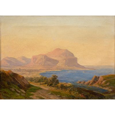 un tableau représentant un paysage avec des montagnes et un plan d'eau