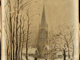 an old painting of a church in the middle of a snowy landscape