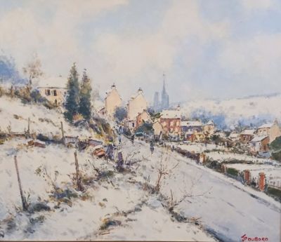 tableau représentant un village enneigé avec une église en arrière-plan
