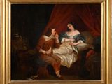 une peinture à l'huile représentant deux femmes assises sur un canapé, dont l'une tient un bébé dans ses bras