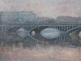 a painting of a bridge over a river with buildings in the background