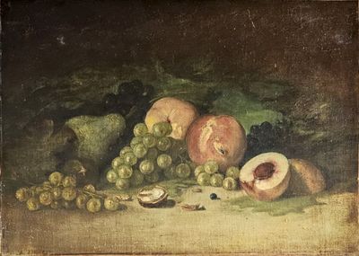 peinture d'une nature morte de fruits et légumes sur une table