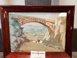 une image d'une peinture représentant un pont sur une rivière