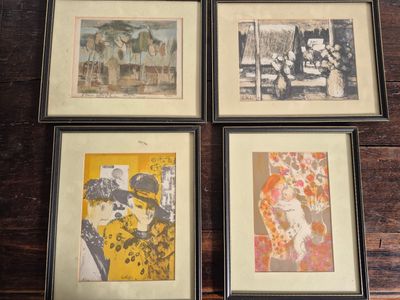 four framed pictures of a woman in a hat and a man in a top hat