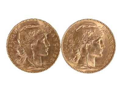 Deux pièces de vingt francs or au coq, 1914. Usures. - Photo 1