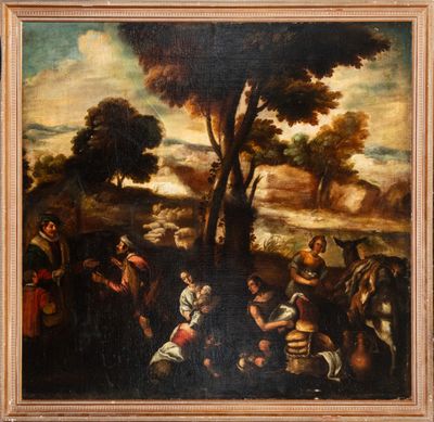 a painting of a group of people in a wooded landscape