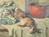 un tableau représentant un chien allongé sur une table, à côté d'un bol de brocolis