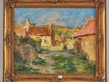 une image représentant une peinture d'un village avec un chemin de terre au premier plan