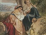 painting of two women and a child in a wooded setting