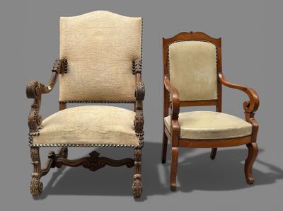pair of 19th century carved walnut armchairs with upholstered upholstered arms