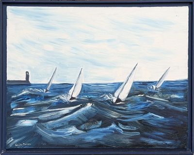 un tableau représentant un groupe de voiliers naviguant sur l'océan