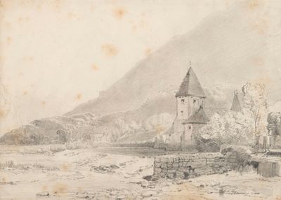 un vieux dessin représentant un château au bord d'une rivière, avec une montagne en arrière-plan