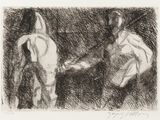 drawing of a man and a woman holding hands in front of a black background