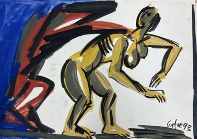 tableau représentant une femme vêtue d'une robe jaune et noire sur un fond rouge et bleu