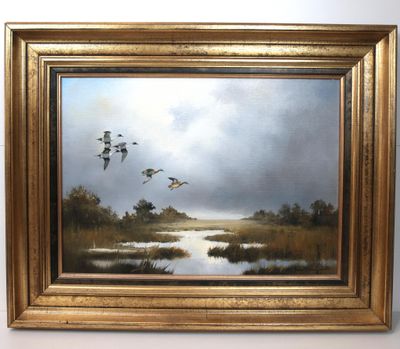 an oil painting of ducks flying over a pond in a field