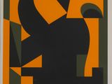 an image of a black and orange abstract painting with a dog