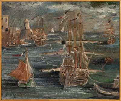 une peinture à l'huile représentant un groupe de navires sur un plan d'eau