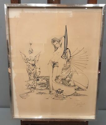 dessin encadré représentant une femme avec une ombrelle et un chat sur une plage