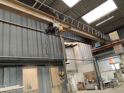 a man that is hanging from a crane in a building