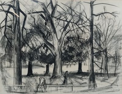 dessin au crayon représentant une scène de parc avec des arbres et un banc
