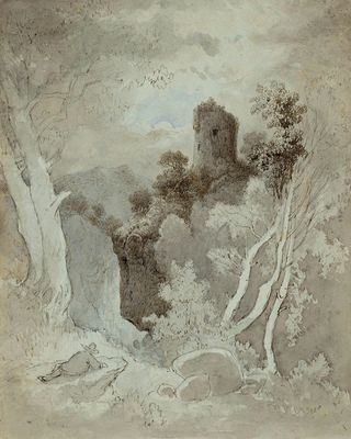 an image of a painting of a castle in the woods