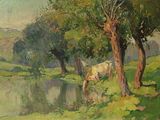 un tableau représentant une vache paissant dans l'herbe au bord de l'eau