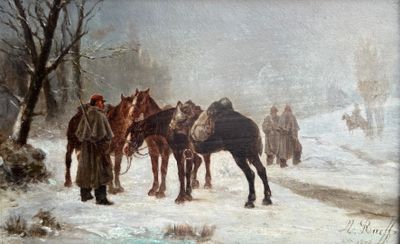 tableau représentant un groupe de chevaux dans un paysage enneigé, avec un homme debout à leurs côtés