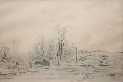 drawing of a landscape with trees in the foreground and a hill in the background