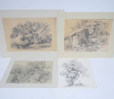 trois dessins encadrés représentant des arbres et une grange dans un champ