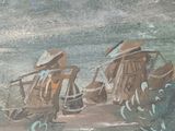 a painting of two people in a boat on the water