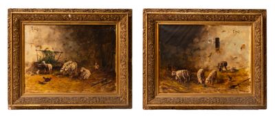une paire de peintures à l'huile représentant des moutons dans une étable, réalisées par un homme