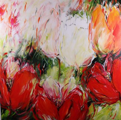 painting of red and white tulips in a vase on a table