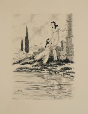 drawing of a woman sitting on a rock next to a body of water