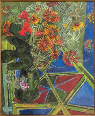 une peinture de fleurs dans un vase sur une table